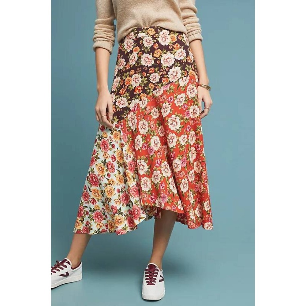 Farm Rio X Anthropologie Patchwork Floral Midi Skirt Multicolor Womens Small